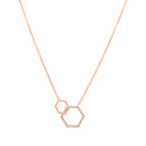 Solid 14K rose gold weighting 1.76 grams with 30 round diamonds totaling 0.10 carats Double Hexagon Pendant Necklace | Nuha Jewelers