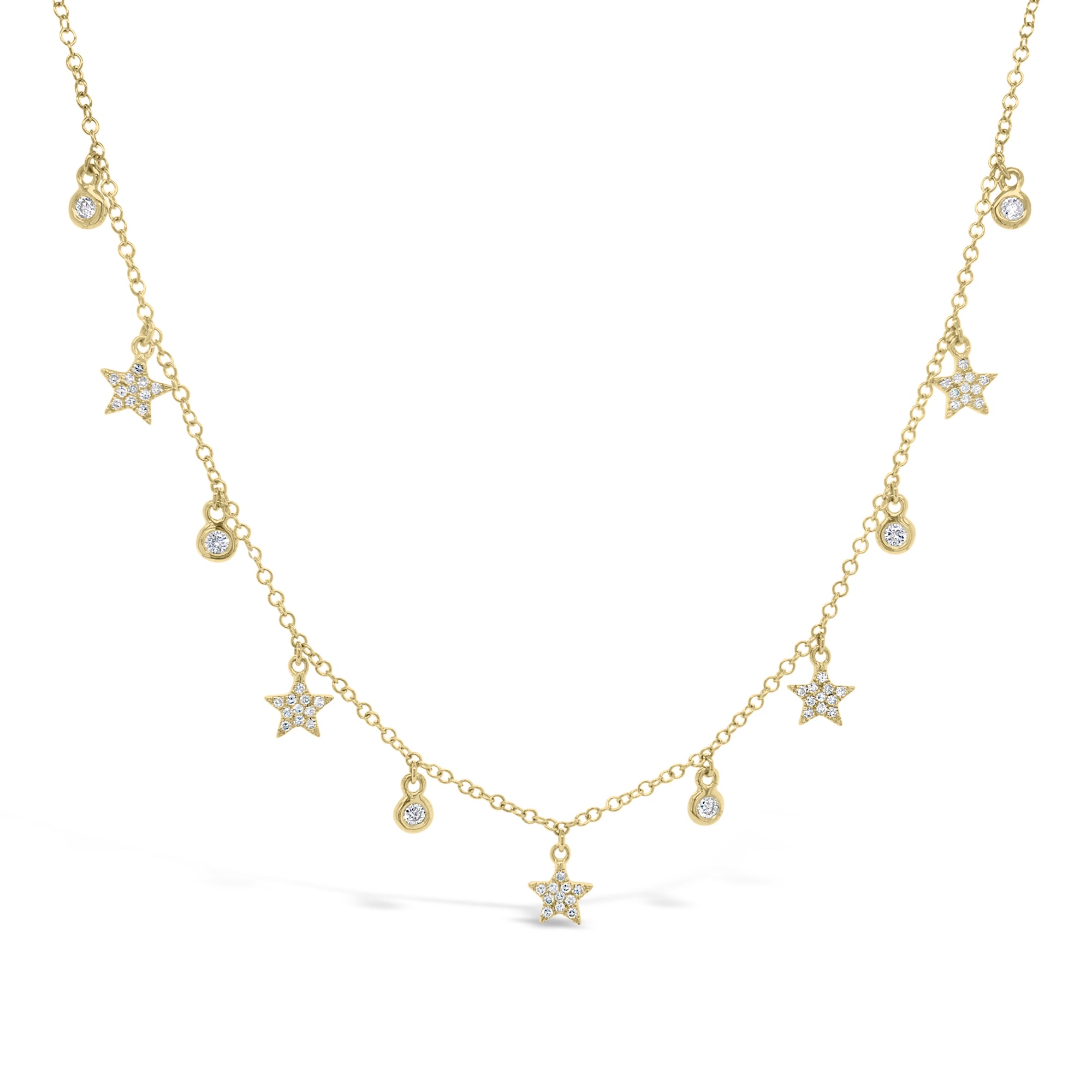 Diamond Star Drip Necklace  - 14K gold weighing 2.35 grams.  - 61 round diamonds totaling 0.24 carats.