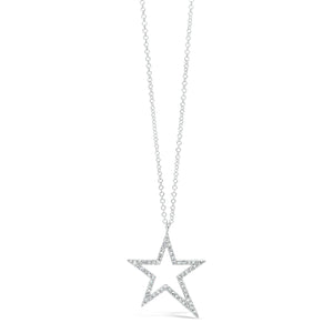 Diamond Asymmetrical Star Pendant Necklace - 14K white gold weighing 2.23 grams. - 59 round diamonds 0.17 carats.