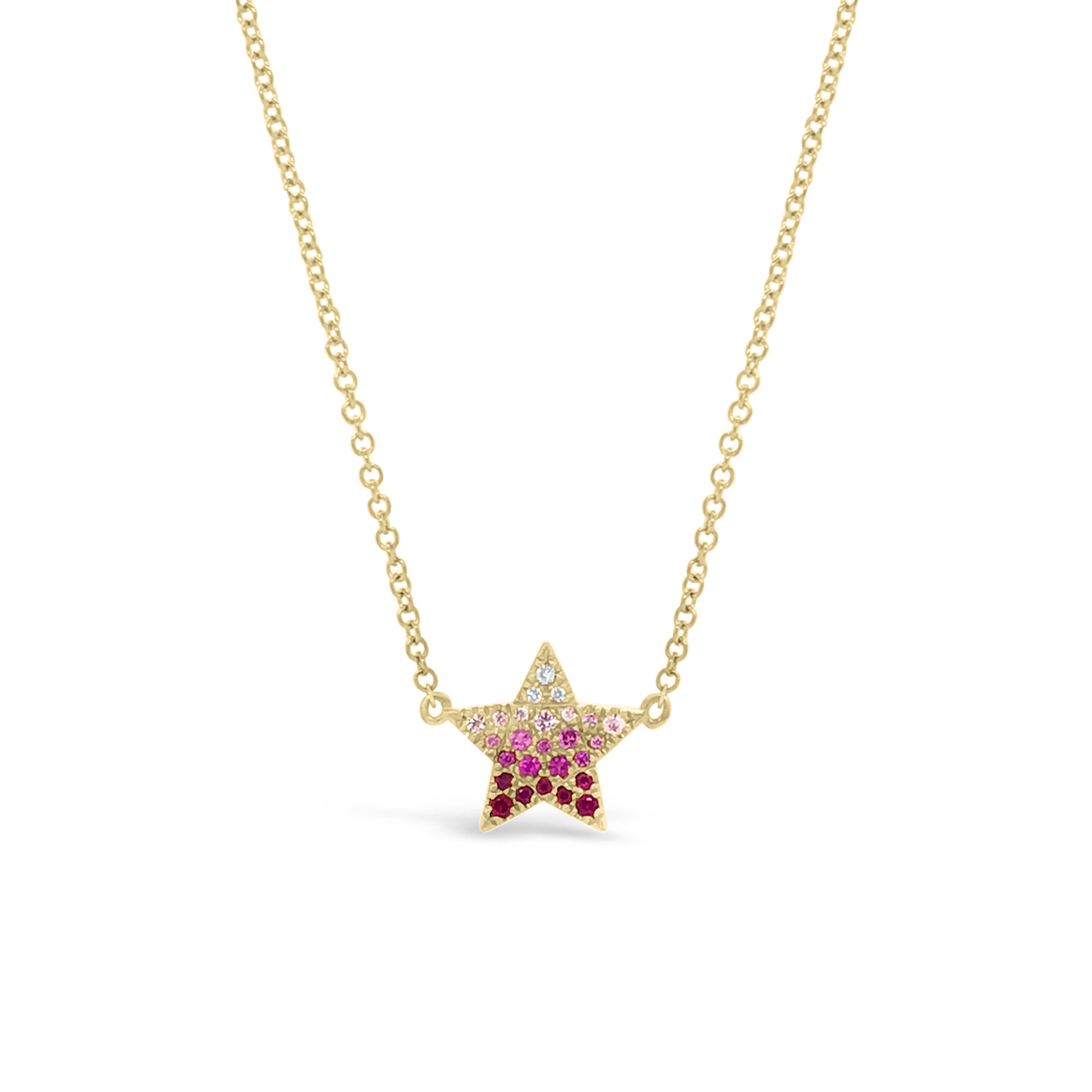 Gradient Gemstone & Diamond Star Necklace  -14K gold weighing 1.80 grams  -23 rubies totaling 0.11 carats  -3 round diamonds totaling .01 carats