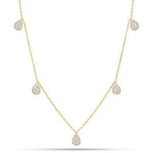 Diamond Teardrops Necklace  - 14K gold weighing 2.58 grams  - 5 round diamonds weighing 0.20 carats  - 50 round diamonds weighing 0.23 carats