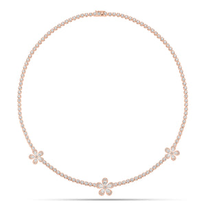 Diamond Flower Tennis Necklace - 18K gold weighing 20.02 grams  - 15 pear-shaped diamonds weighing 1.55 carats  - 115 round diamonds weighing 5.76 carats  - 48 round diamonds weighing 3.50 carats