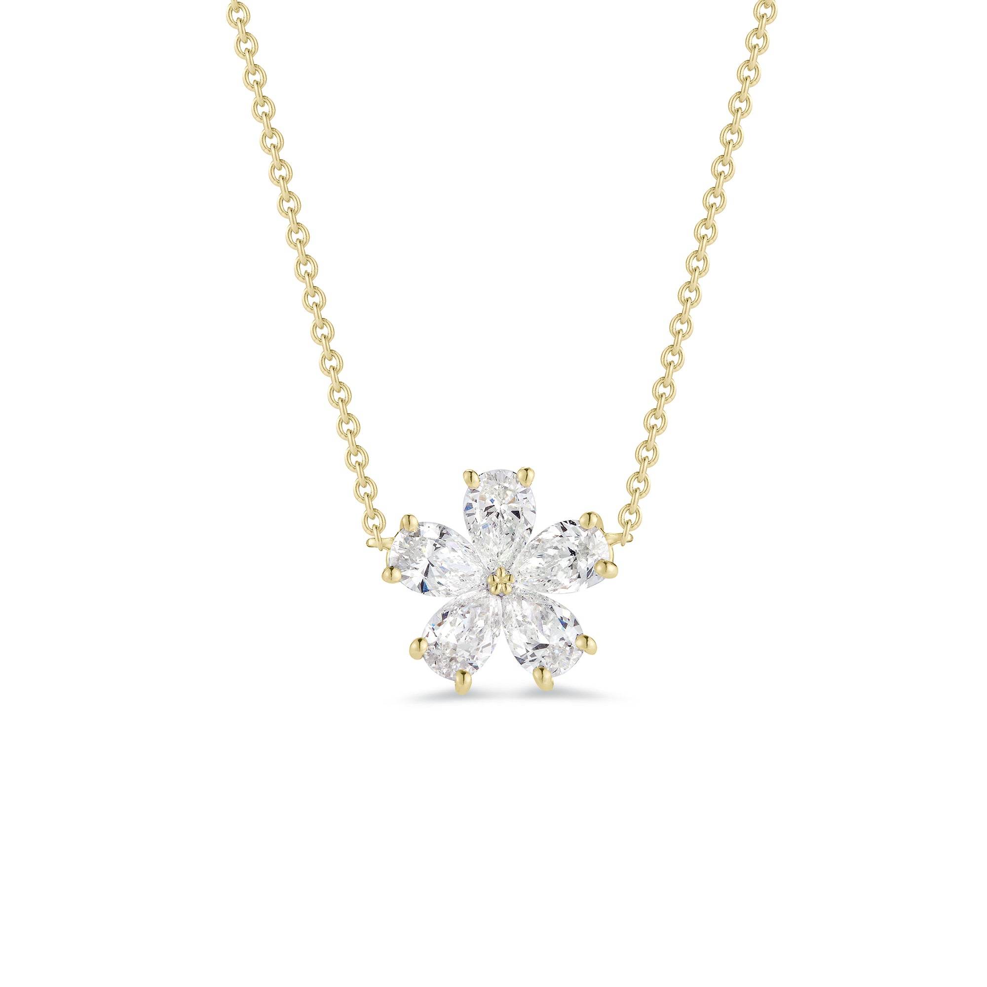 Prong-set Diamond Flower Necklace  18k gold, 3.51 grams, 5 pear-shaped prong-set brilliant diamonds .63 carats, 16-18”  Size width 9 millimeters. Available in 16" or 18" lengths.