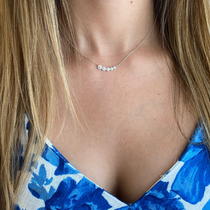 Female Model Wearing Halo Diamond Bar Pendant  - 14K gold  - 0.32 cts round diamonds