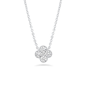 Diamond Flower Pendant  - 18K gold weighing 2.38 grams  - 4 round diamonds totaling 0.37 carats  - 0.03 ct princess-cut diamond