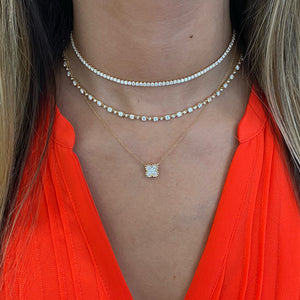 Female Model Wearing Round Diamond Chain Necklace  - 14K gold weighing 6.70 grams  - 53 round diamonds totaling 3.18 carats