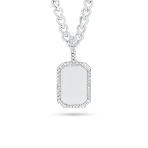 Pave & Baguette Diamond Dog Tag Pendant -14K white gold weighing 2.77 grams  -39 round diamonds weighing 0.12 carats  -4 slim baguettes weighing 0.20 carats