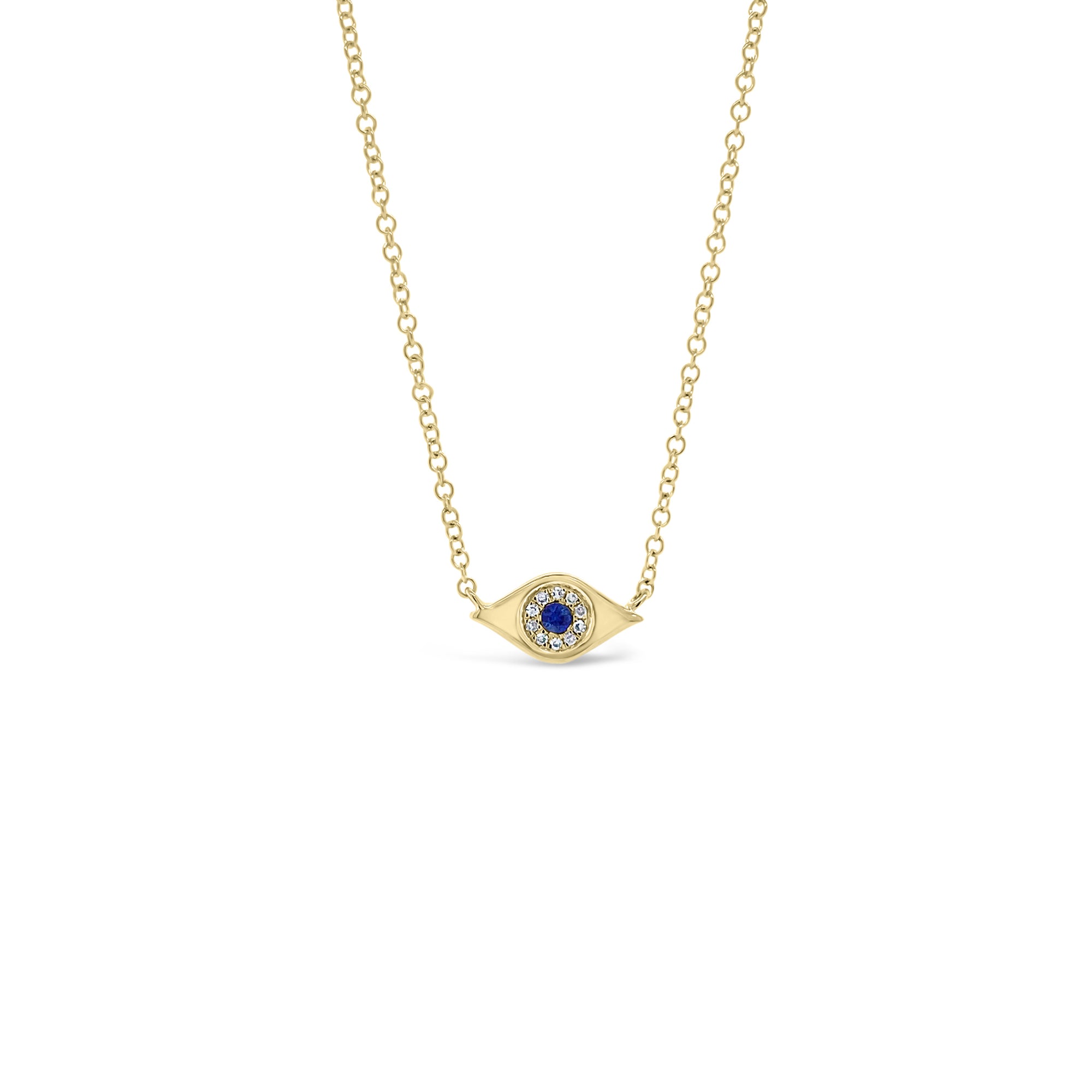 Sapphire & Diamond Evil Eye Pendant  - 14K yellow gold weighing 1.65 grams  - 10 round diamonds totaling 0.02 carats  - 0.03 ct sapphire