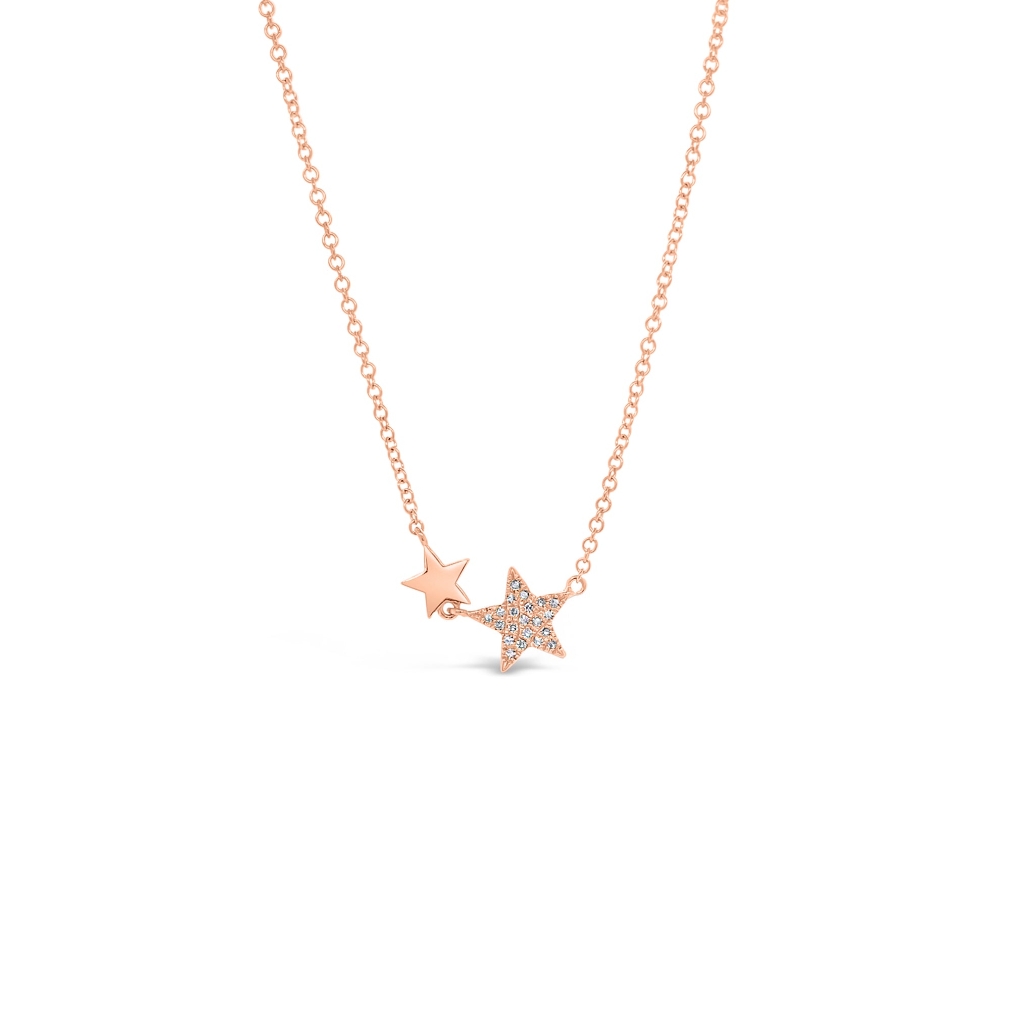 Diamond Double Star Necklace  - 14K gold weighing 1.82 grams  - 21 round diamonds totaling 0.05 carats