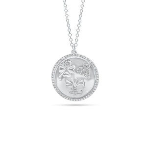 Diamond Luck, Love, and Happiness Disc Pendant  - 14K gold weighing 5.18 grams  - 95 round diamonds totaling 0.21 carats  - 14K gold weighing 4.71 grams  - 83 round diamonds totaling 0.18 carats