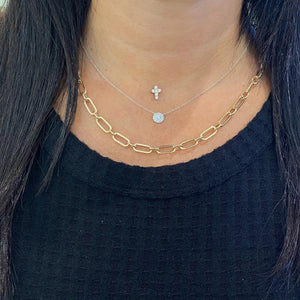 Female Model Wearing Diamond Double Halo Necklace  - 14K gold  - diamonds totaling 0.19 carats