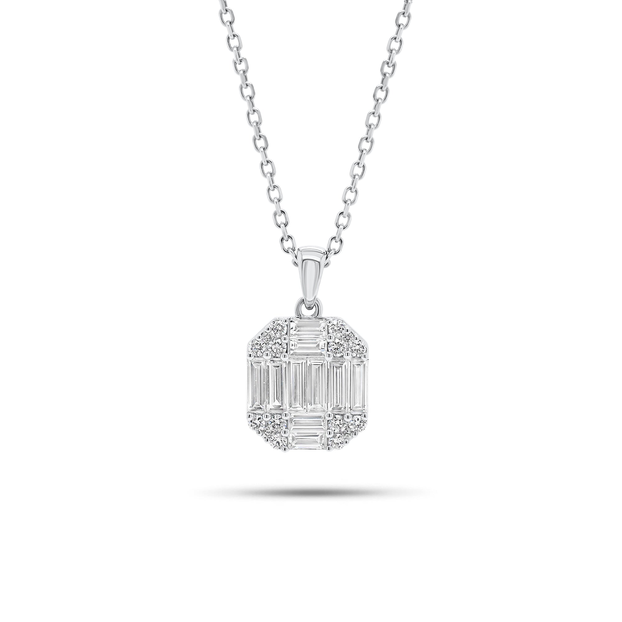 Baguette and round diamond octagon pendant - 14K gold weighing 4.0 grams  - 16 round diamonds weighing 0.21 carats  - 10 slim baguettes weighing 0.84 carats