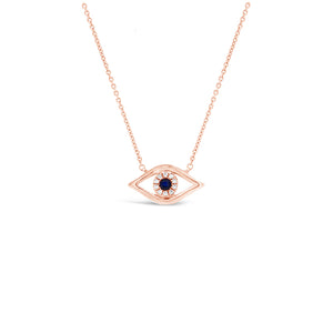 Diamond & Sapphire Evil-Eye Pendant Necklace -14K rose gold weighing 1.93 grams - 10 round diamonds totaling .04 carats - 1 sapphire weighing .07 carats.