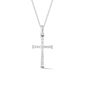 Diamond Skinny Cross Pendant Necklace  -14K gold weighing 2.85 grams  -20 round shared prong-set brilliant diamonds totaling 0.20 carats