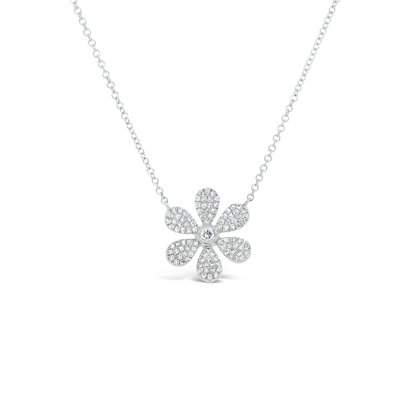 Pave Diamond Daisy Pendant Necklace  -14K gold weighing 2.42 grams  -103 round pave-set diamonds totaling 0.32 carats