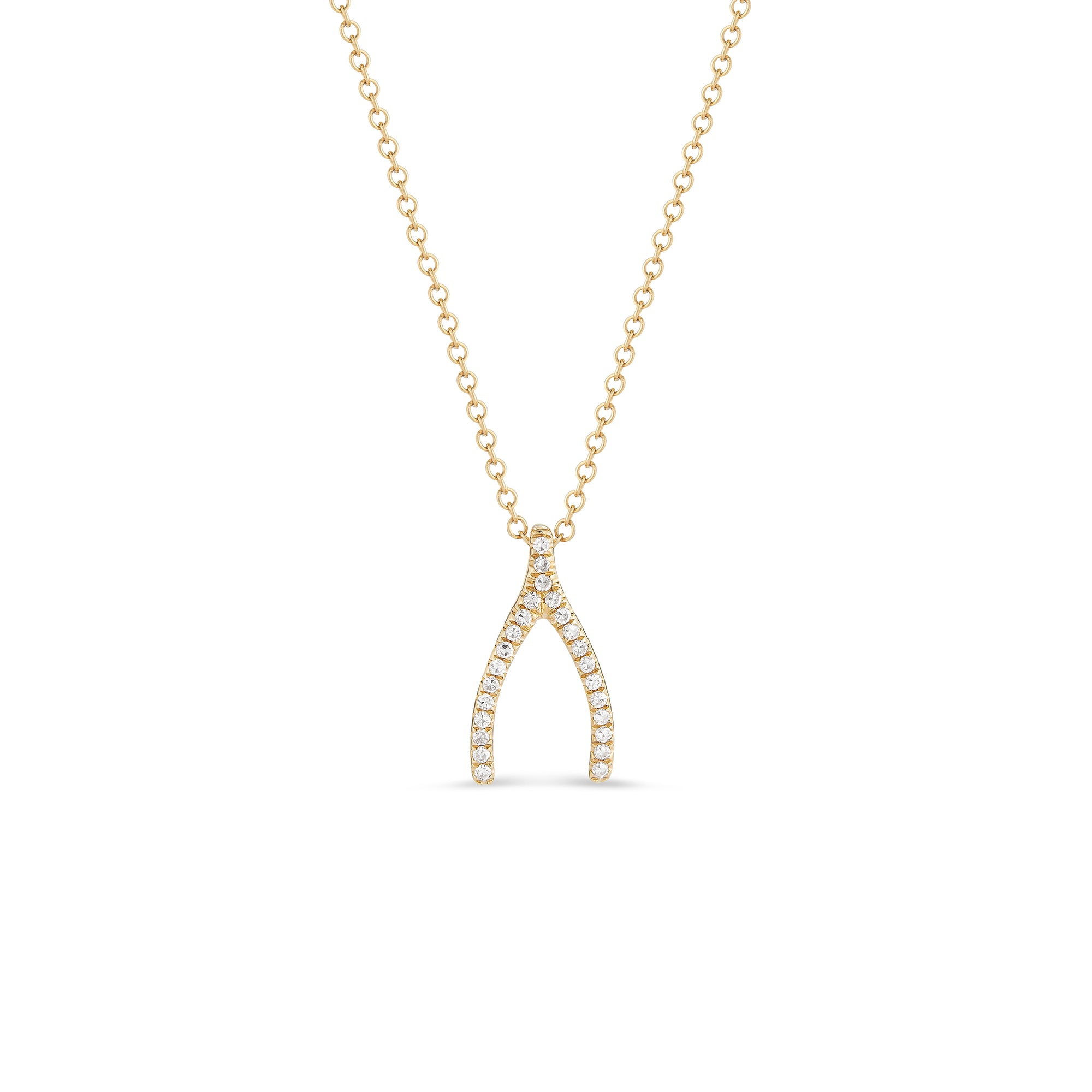 14k gold, 1.69 grams, 25 round pave-set diamonds .08 carats yellow gold diamond Wishbone Necklace | Nuha Jewelers