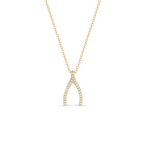 14k gold, 1.69 grams, 25 round pave-set diamonds .08 carats yellow gold diamond Wishbone Necklace | Nuha Jewelers