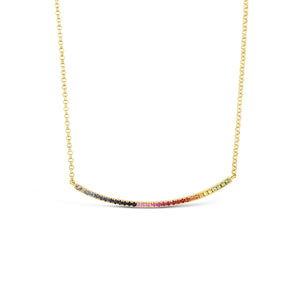 Rainbow Bar Necklace  -14k gold weighing 3.46 grams  -34 multi-color stones weighing .34 carats