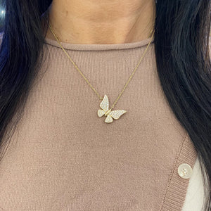 Female Model Wearing Diamond Fluttery Butterfly Necklace  - 14K gold weighing 7.63 grams  - diamonds totaling 1.45 carats