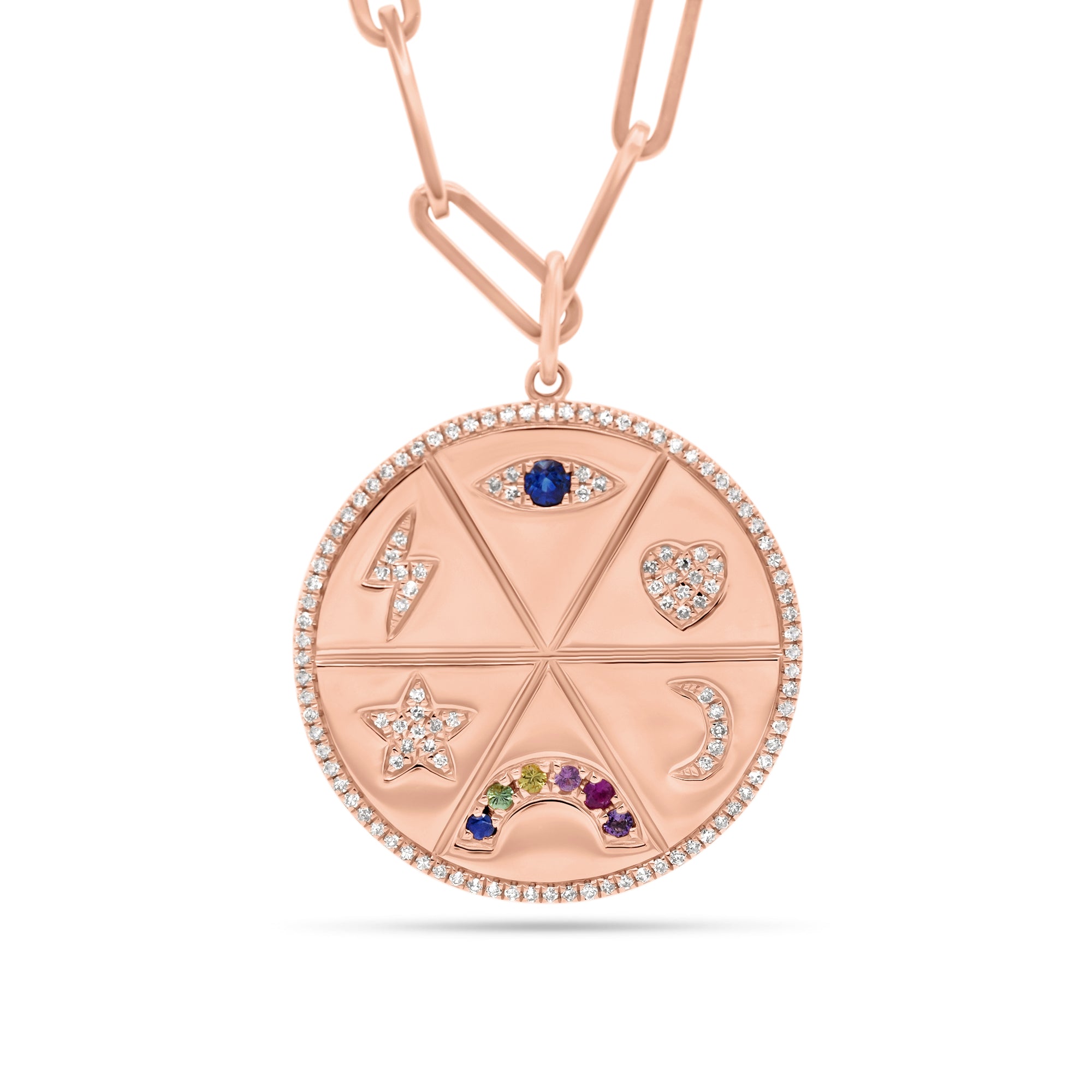 Diamond & Multicolor Gemstone Lucky Symbols Large Disc Pendant - 14K gold weighing 8.48 grams - 122 round diamonds totaling 0.34 carats - 7 multicolor gemstones totaling 0.22 carats. 