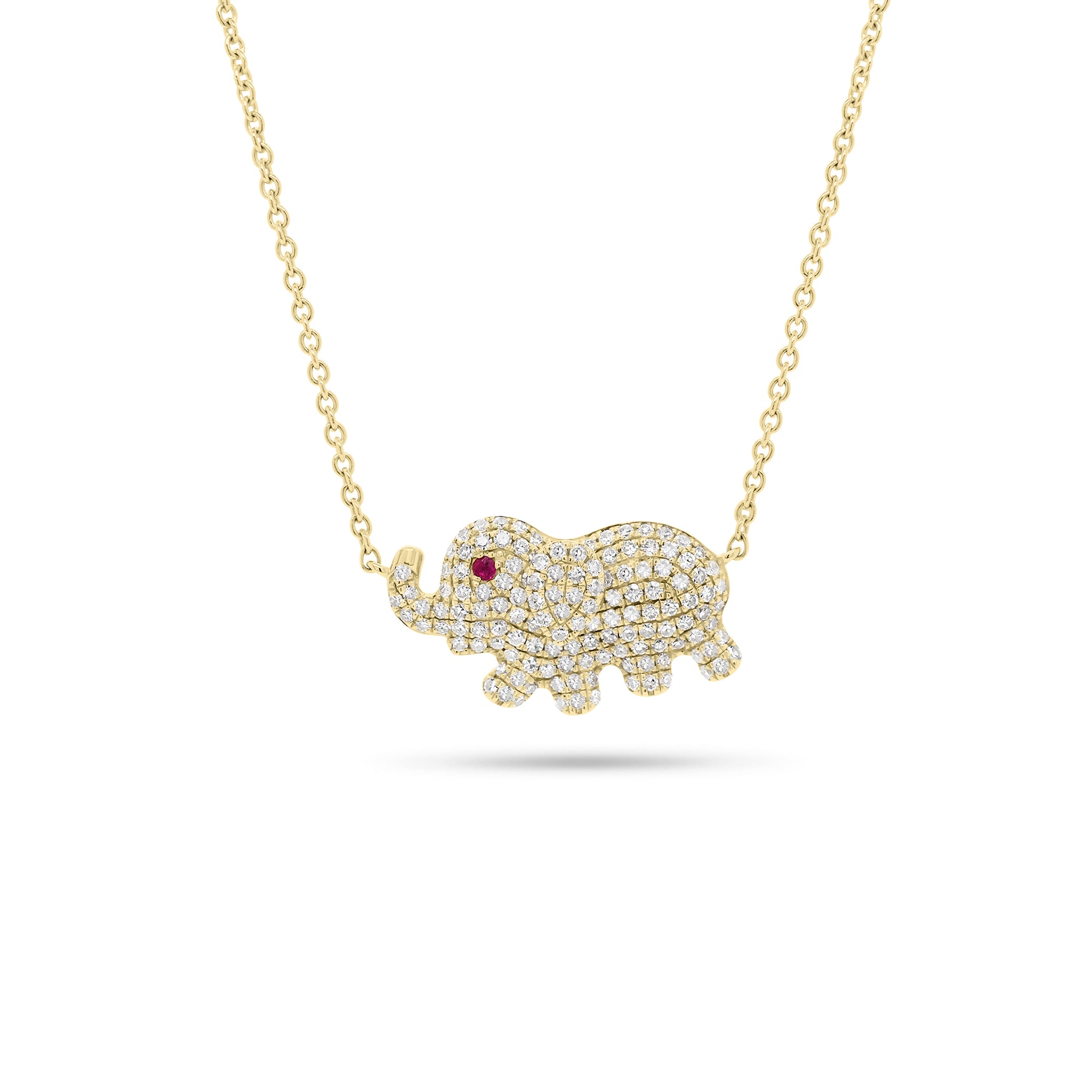 Pave Diamond Elephant Pendant Necklace  -14k yellow gold weighing 3.30 grams  -145 round diamonds weighing 0.48 carats  -1 ruby weighing 0.02 carats