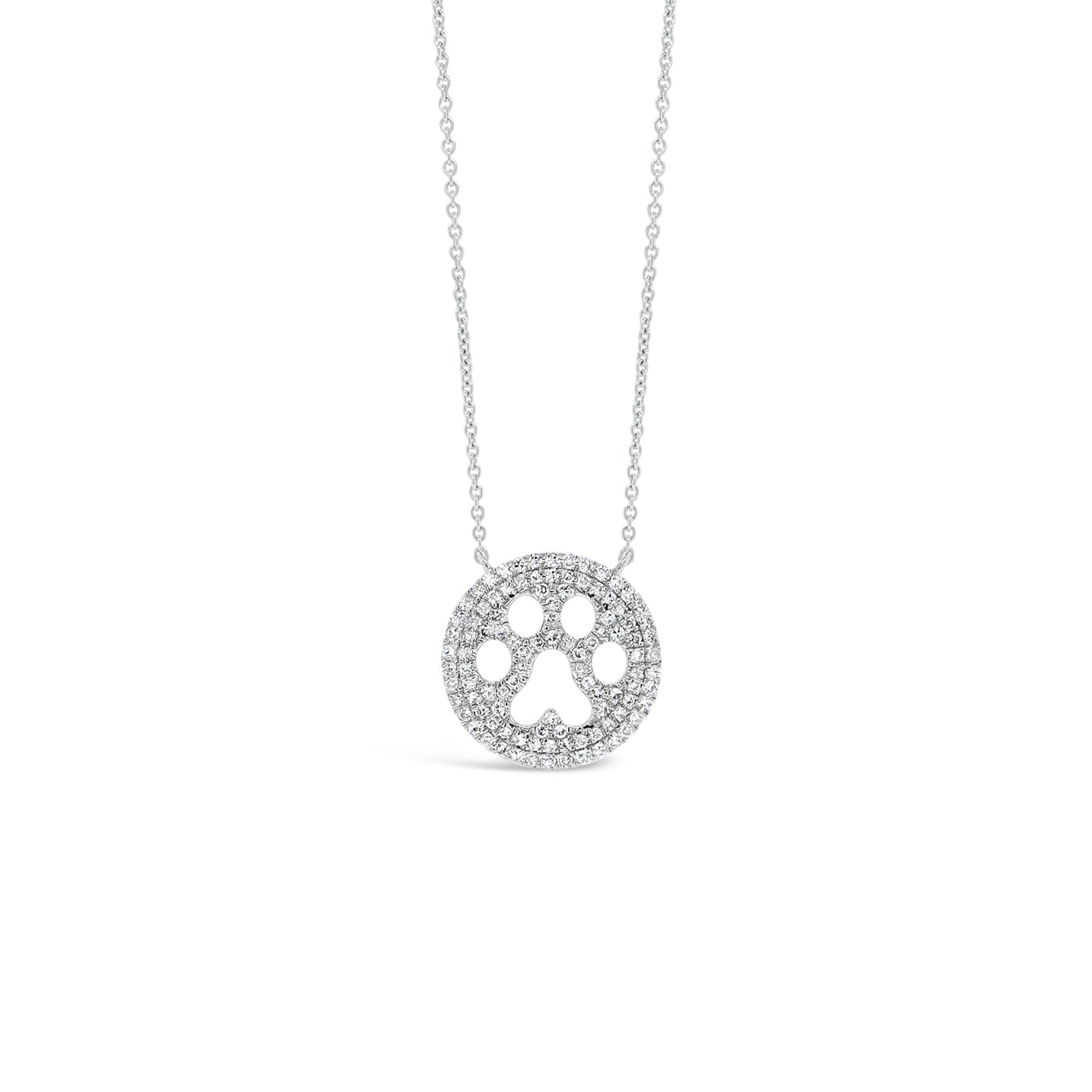 Solid 14K white gold weighing 2.34 grams with 102 round diamonds totaling 0.23 carats Paw Print Cutout Pendant | Nuha Jewelers