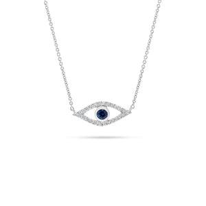 Sapphire & Diamond Open Evil Eye Pendant  - 14K white gold weighing 1.77 grams  - 26 round diamonds totaling 0.07 carats  - 0.11 ct sapphire
