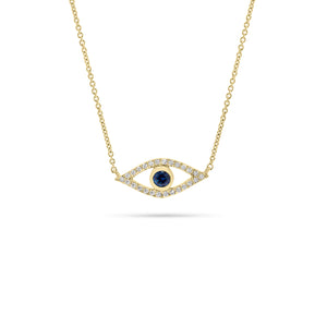 Sapphire & Diamond Open Evil Eye Pendant  - 14K yellow gold weighing 1.77 grams  - 26 round diamonds totaling 0.07 carats  - 0.11 ct sapphire