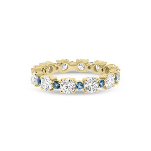 Classic Eternity Ring with Blue Aquamarine  - 18K gold weighing 3.07 grams  - 12 round diamonds totaling 2.13 carats  - 12 blue round aquamarine totaling 0.43 carats