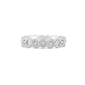 Geometric diamond eternity band ring -14k gold weighing 4.1 grams -8 round diamonds weighing .24 carats -9 PR weighing .68 carats