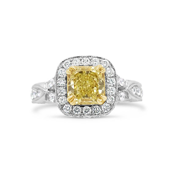 Intricate Setting Radiant-cut Yellow Diamond Engagement Ring  -18k gold weighing 7.4 grams  -84 round diamonds weighing 1.25 carats