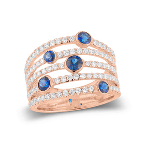 Blue sapphire & diamond multi-row band -18k gold weighing 5.97 grams  -5 round bezel-set sapphires totaling .78 carats  -91 round shared prong-set diamonds totaling .84 carats