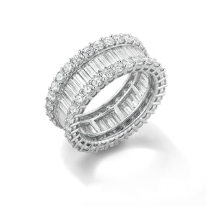 Baguette Eternity Band 18k gold, 5.07 grams, 58 round prong set brilliant diamonds 2.56 carats, 47 straight channel set baguettes 2.16 carats.