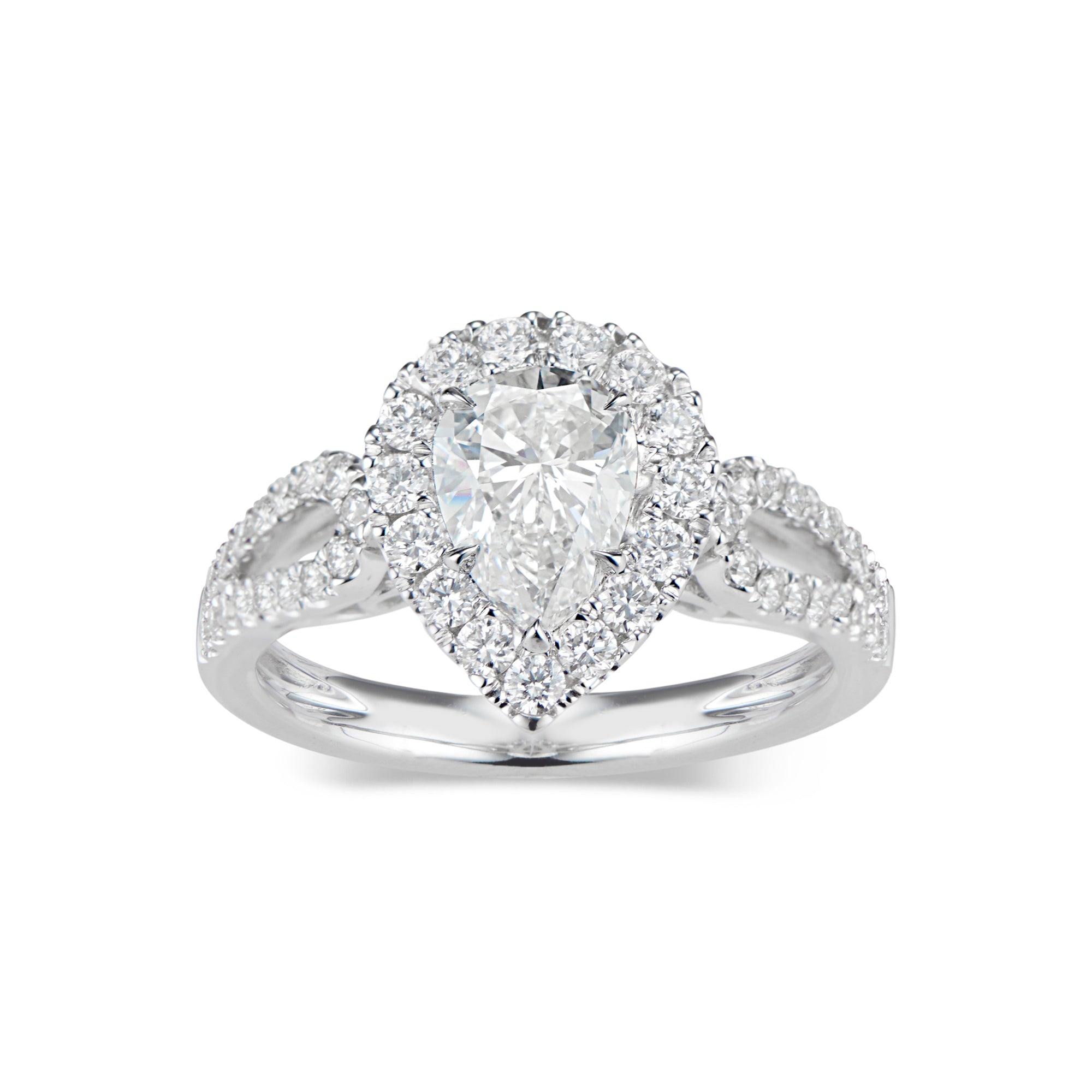 Pear Halo Diamond Engagement Ring with Open Loop Shank  -18K weighting 4.50 GR  - 49 round diamonds totaling 0.62 carats