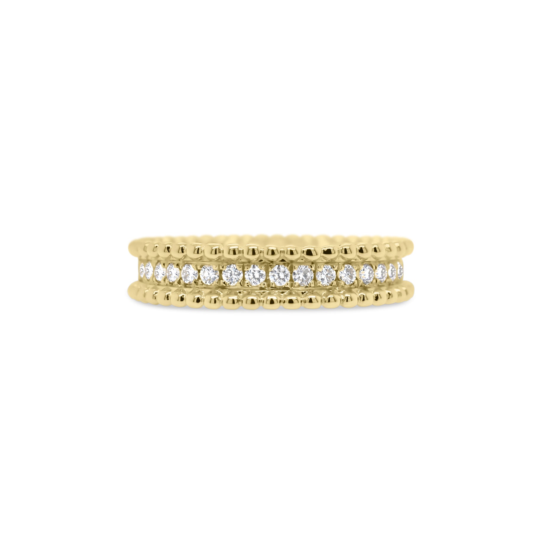 Diamond & Beaded Gold Stackable Ring  - 18K gold weighing 4.02 grams  - 18 round diamonds totaling 0.23 carats
