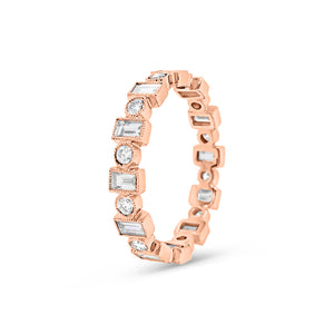 Alternating Round & Baguette Diamond Eternity Band with Milgrain -18k gold weighing 2.19 grams -12 straight baguettes weighing .89 carats -12 round diamonds weighing .36 carats
