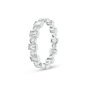 Alternating Round & Baguette Diamond Eternity Band with Milgrain -18k gold weighing 2.19 grams -12 straight baguettes weighing .89 carats -12 round diamonds weighing .36 carats