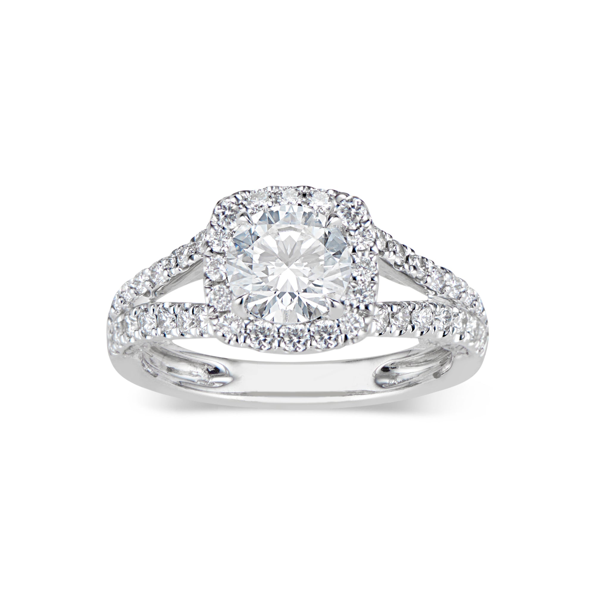 Cushion Halo Diamond Engagement Ring with Split Shank  -18K Weighting 5.28 GR  - 58 round diamonds totaling 0.88 carats