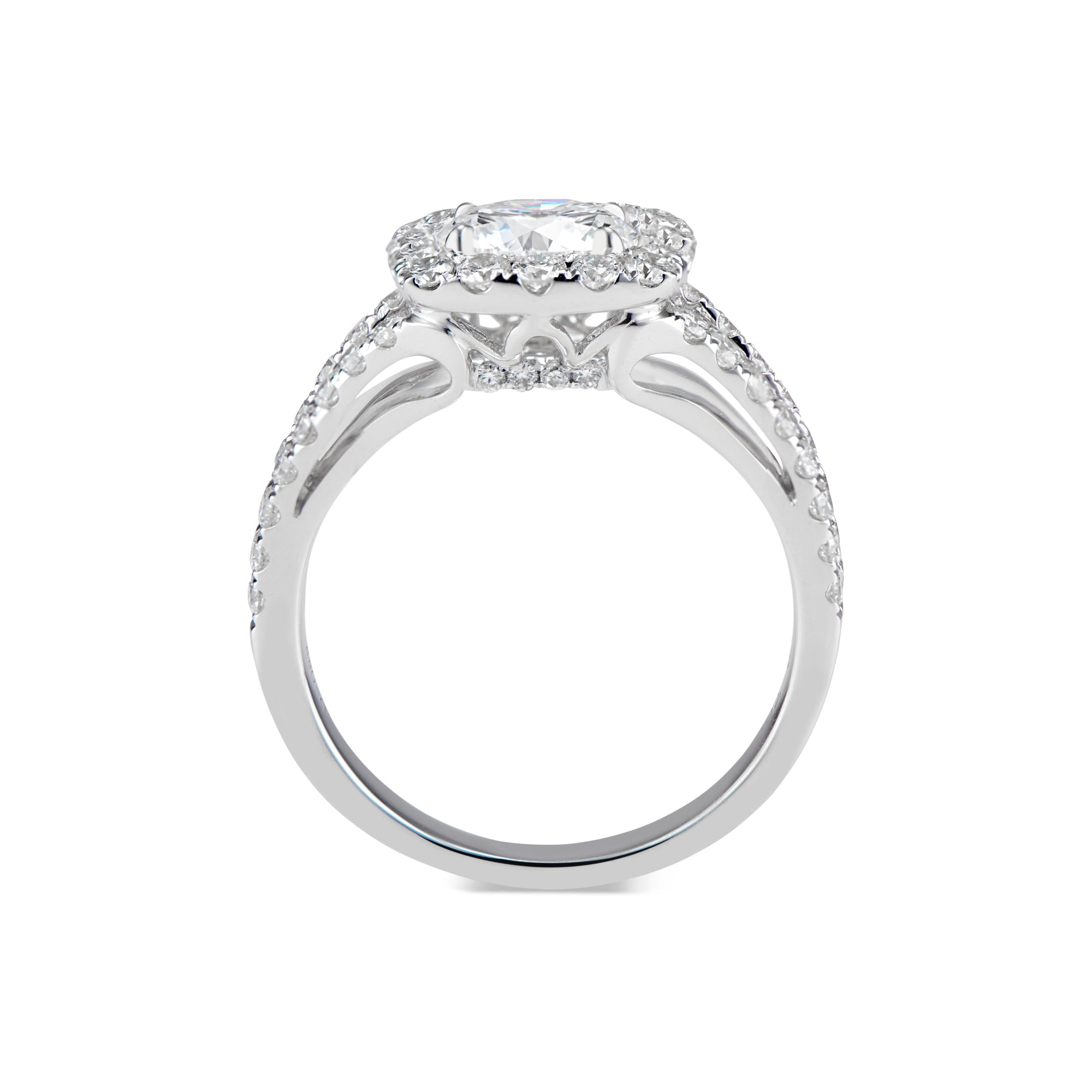 Cushion Halo Diamond Engagement Ring with Split Shank  -18K Weighting 5.28 GR  - 58 round diamonds totaling 0.88 carats