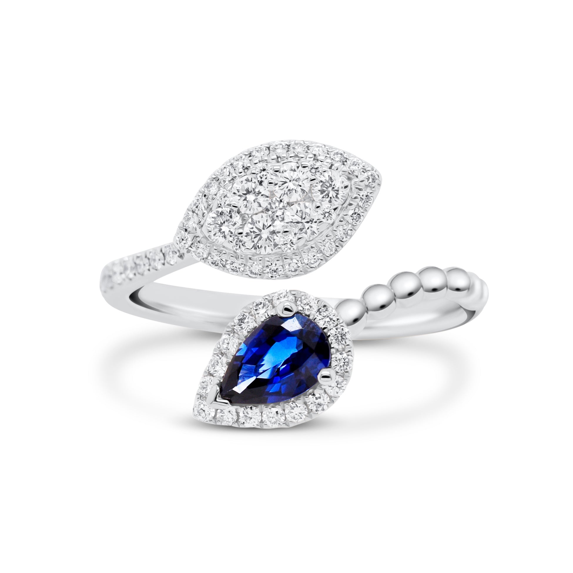 Sapphire teardrop and diamond marquise bypass ring - 18K gold weighing 2.97 grams  - 65 round diamonds totaling 0.40 carats  - 0.45 ct pear brilliant sapphire