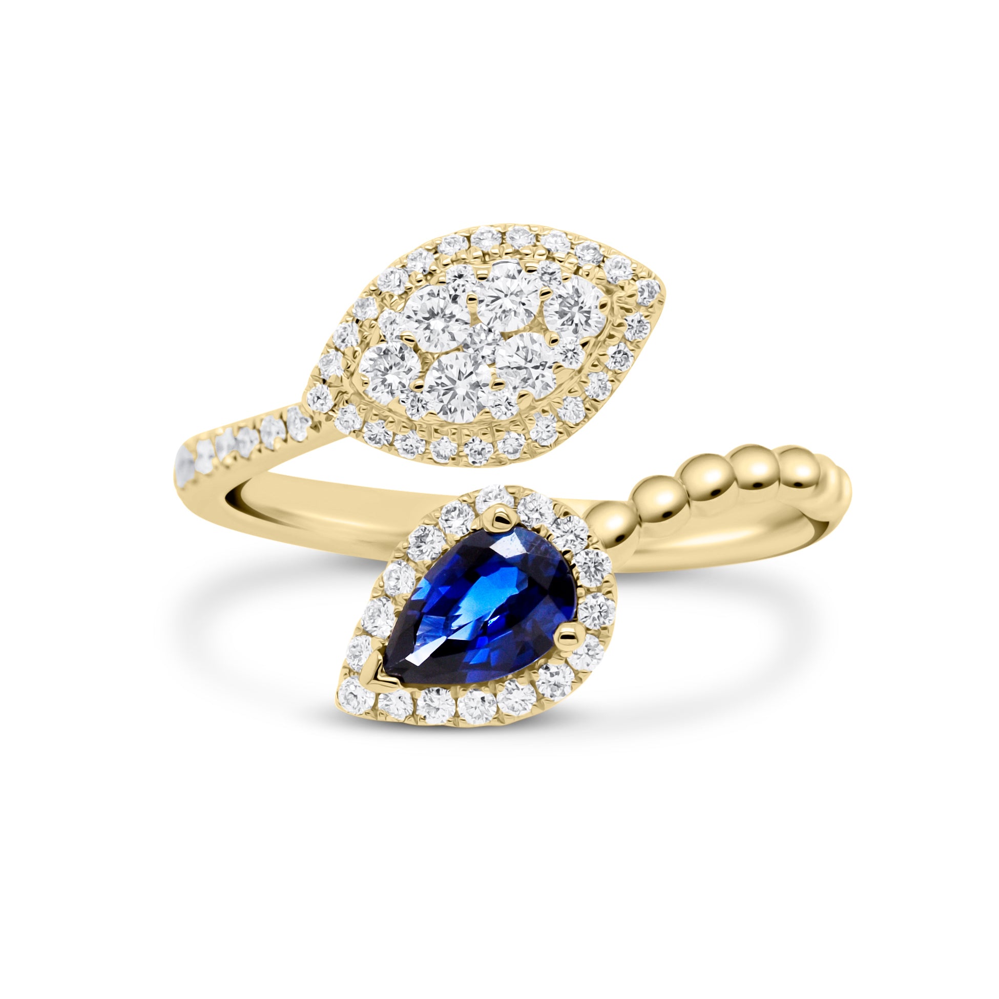 Sapphire teardrop and diamond marquise bypass ring - 18K gold weighing 2.97 grams  - 65 round diamonds totaling 0.40 carats  - 0.45 ct pear brilliant sapphire