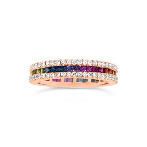 Rainbow Gemstone Eternity Ring -18k gold weighing 4.72 grams -41 multi-color stones weighing .99 carats -106 round diamonds weighing .72 carats