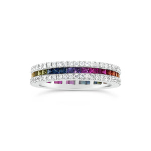 Rainbow Gemstone Eternity Ring -18k gold weighing 4.72 grams -41 multi-color stones weighing .99 carats -106 round diamonds weighing .72 carats