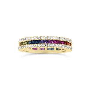 Rainbow Gemstone Eternity Ring -18k gold weighing 4.72 grams -41 multi-color stones weighing .99 carats -106 round diamonds weighing .72 carats