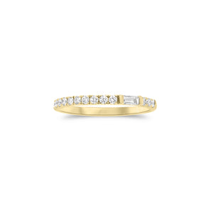 Diamond Slim Stackable Ring  - 18K gold weighing 1.47 grams  - 14 round diamonds totaling 0.20 carats  - 0.06 ct slim baguette