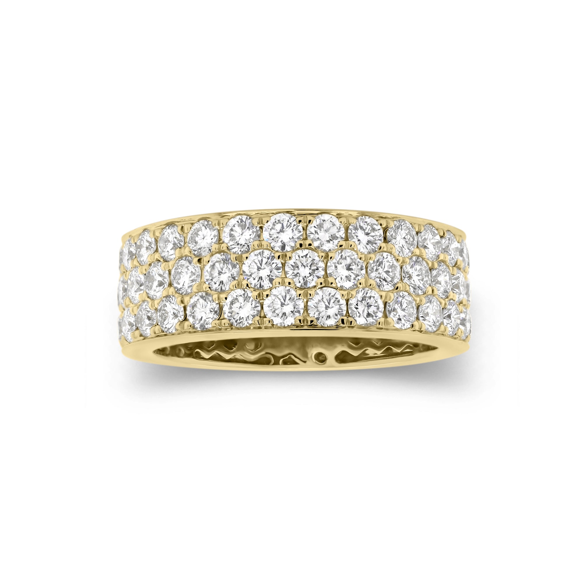 Diamond Triple Row Band  - 18K gold weighing 6.11 grams  - 46 round diamonds totaling 1.88 carats