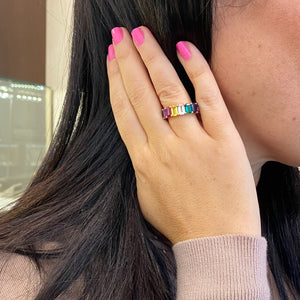 Female Model Wearing Multicolor Emerald-Cut Gemstone Eternity Ring - 14K gold weighing 4.15 grams - 16 multicolor gemstones totaling 10.60 carats