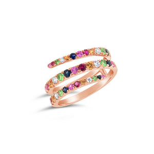 Gemstone Swirl Fashion Ring -14k gold weighing 3.76 grams  -31 multi-color stones weighing 6.15 carats  -6 round diamonds weighing .15 carats