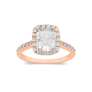Elongated Radiant-Cut Halo Diamond Engagement Ring -18K rose gold weighting 3.04 GR - 32 round diamonds totaling 0.47 carats GIA graded F - G color, VS2 - SI1 clarity