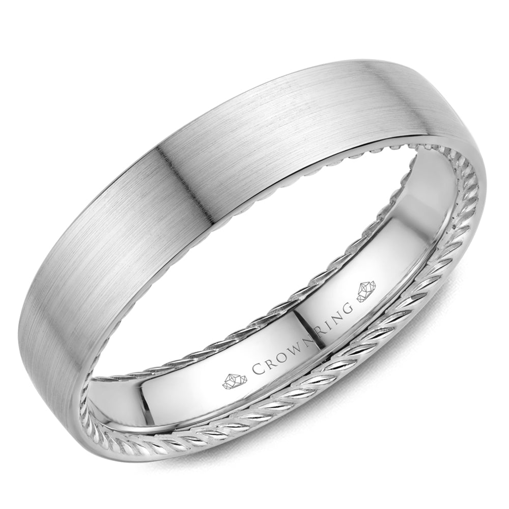 Sandpaper center with high polish sides & ropes This men's wedding band is composed of 14k gold weighing 5.6 grams with a width of 5.0 mm 